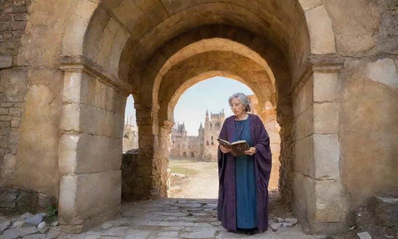 Una mujer anciana se mantiene firme frente a un arquero castillo desmoronado, sosteniendo un libro abierto con runas girando alrededor de sus esquinas.