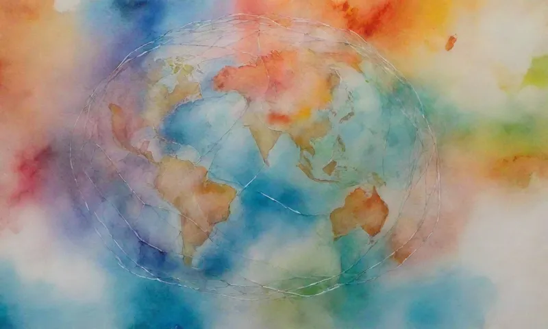 Una red mundial de nodos interconectados irradia desde un centro central que representa principios centrados en la tierra, lo que simboliza la resiliencia de la comunidad en un plan mundial sostenible.