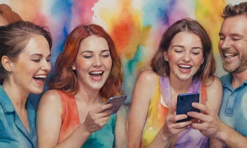 Un grupo diverso de personas riéndose y conectando, cada cara iluminada por sus smartphones, rodeado de colores vibrantes durante un evento social.