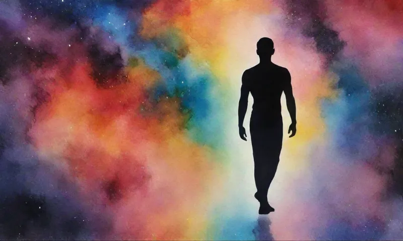 Una silueta humana de pie contra un fondo de galaxia vibrante, reflejando sus propios reflejos en su luz y oscuridad.