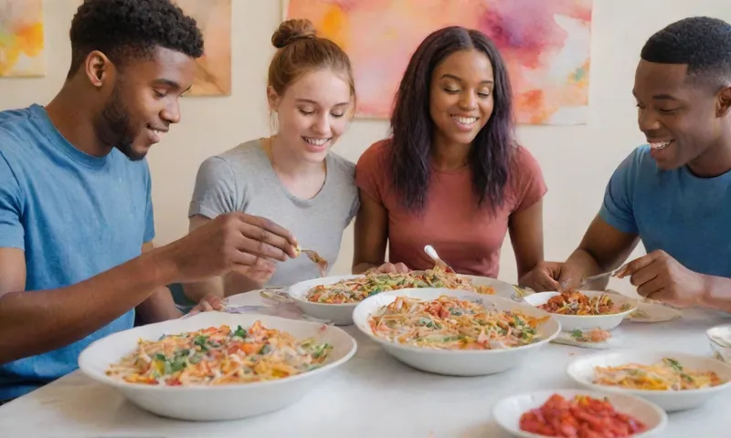 Un grupo de adultos jóvenes diversos compartiendo una comida juntos después de completar una tarde de voluntariado en un centro comunitario local.