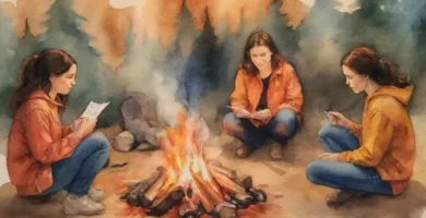 Un grupo diverso de individuos de diferentes orígenes se dedicaron a la reflexión personal a través de la revista y la expresión creativa que rodea una fogata de tonos cálidos.