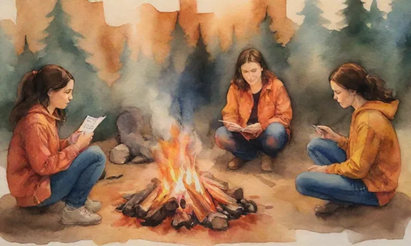 Un grupo diverso de individuos de diferentes orígenes se dedicaron a la reflexión personal a través de la revista y la expresión creativa que rodea una fogata de tonos cálidos.