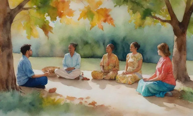 Un grupo diverso de personas vestidas respetuosamente, sentado en quietud meditativa en un espacio exterior adornado con elementos naturales como hojas, árboles y luz solar.