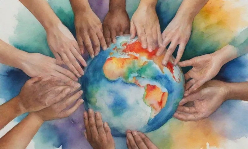 Un grupo de individuos diversos, las manos corrían alrededor de un globo, sus rostros reflejando la comprensión y la conexión mientras miraban hacia adentro.