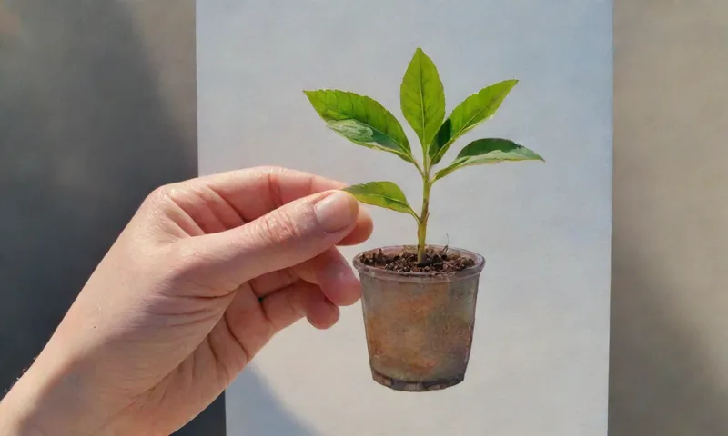 Una mano que sostiene una pequeña planta de plántulas, bañada a la luz del sol, reflejada en una cara sonriente de otra persona