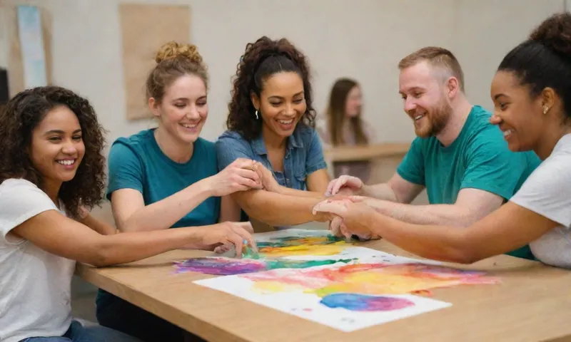 Un grupo de miembros comunitarios diversos y sonrientes colaboran alrededor de una mesa en un taller de centro comunitario, sosteniendo las manos durante una actividad interactiva centrada en la narración y la planificación futura.