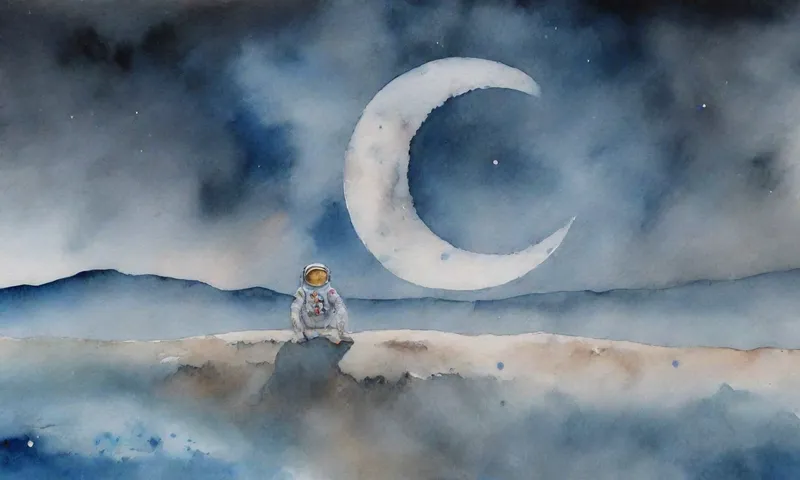 Un astronauta climatizado, los ojos cerrados, se sienta solo sobre un vasto paisaje de luna gris, las manos asadas alrededor de un prisma en forma de corazón que emite partículas azules suaves de luz.