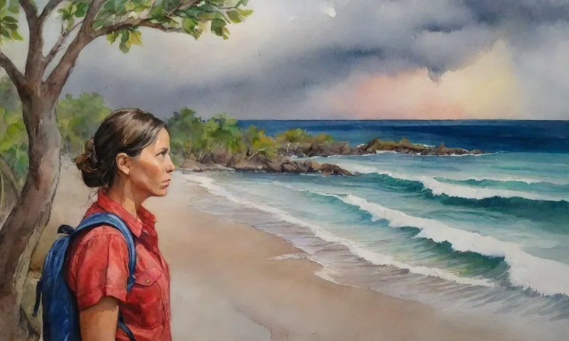 Una mujer se enfrenta a mirar hacia una bahía atormentada por tormenta, con olas chocando contra árboles de manglares robustos, ya que sostiene un kit de supervivencia.