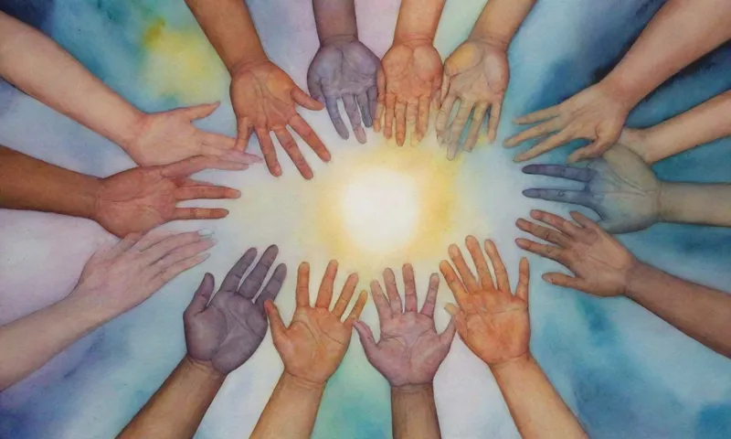 Un grupo diverso de manos se unió formando un círculo, llegando a través de una red de bombillas entrelazadas que representa a generaciones pasando sabiduría, apoyo y empoderamiento entre sí.