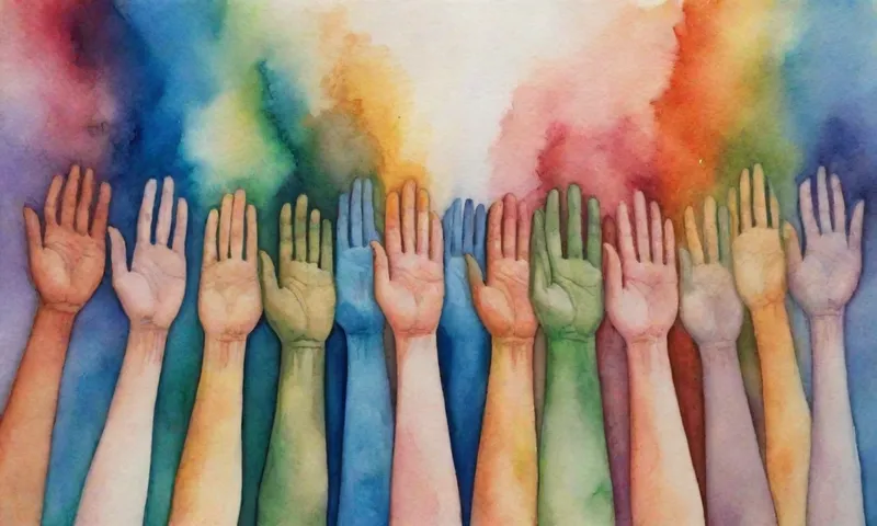 Un equipo diverso de personas que se unen en unidad, sus ojos se enfocaron hacia arriba hacia una única fuente de luz brillante, mientras las manos interrelacionan, simbolizando la cooperación.