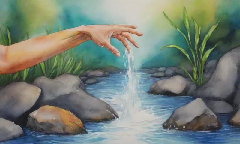 Una mano colorida que sale de un flujo de agua, captando un tallo de planta resiliente que se eleva a través, simbolizando la resiliencia superando retos.