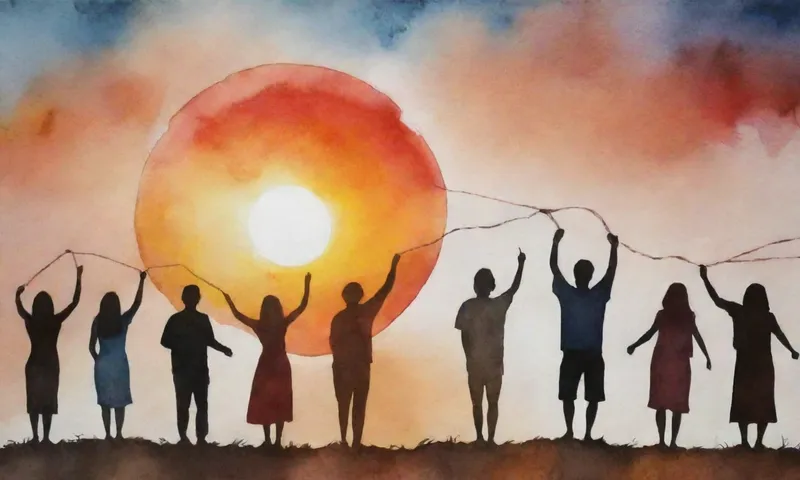 Un grupo diverso de personas están vinculadas con cuerdas de mano que se extienden hacia un sol en ascenso.