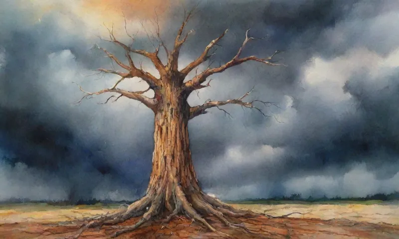 Un tronco de un solo árbol se mantiene fuerte contra una tormenta de rabia, sus raíces firmemente plantadas en la tierra y sombreadas por nubes, pero todavía alcanzando la luz solar.