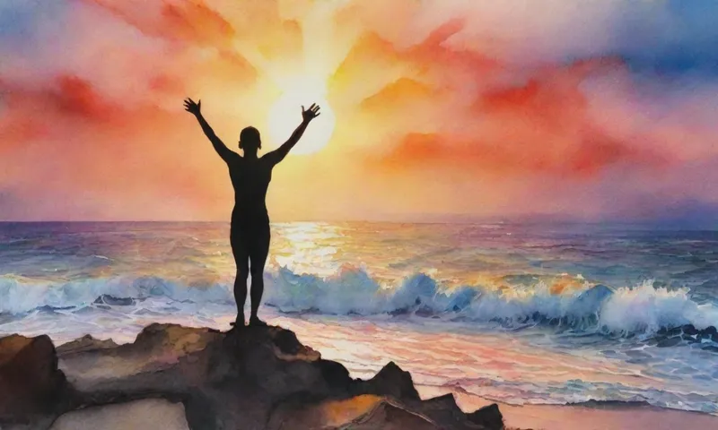 Una figura humana, brazos levantados sobre la cabeza, siluetados contra vibrantes rayos de sol al amanecer, rodeados de olas chocando en una costa rugosa que sostiene escombros esparcidos simbolizando las dificultades pasadas, como si estuviera de pie para un nuevo día empezar.