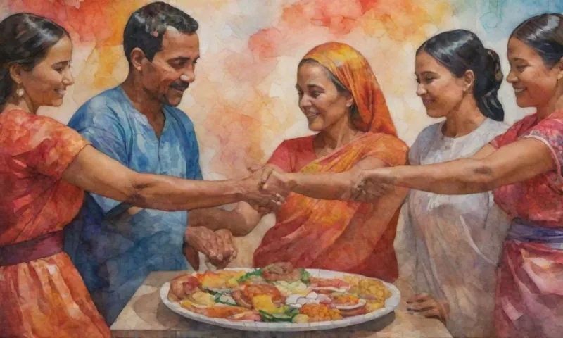 Un vibrante retrato de mosaico que muestra a diversos individuos que sostienen las manos mientras comparten los alimentos de sus culturas patrimoniales.