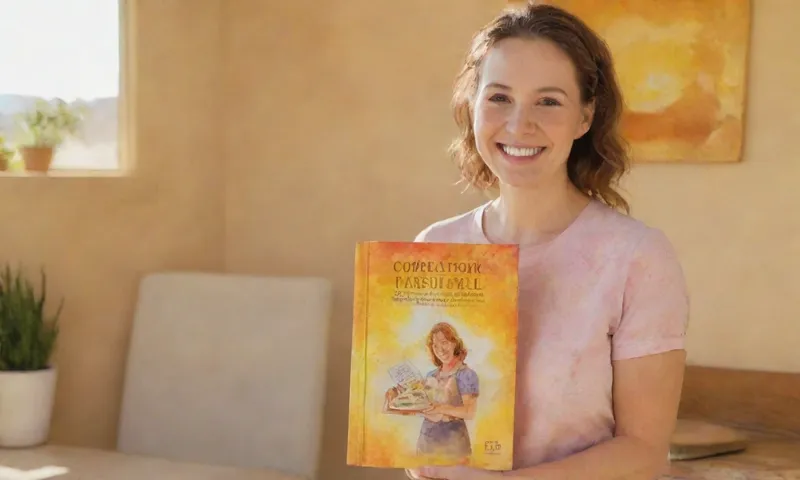 Una cara sonriente de las mujeres se gira hacia la cámara, sosteniendo una copia desgastada de un libro de cocina, rodeada de cálida luz solar que derrama sobre ingredientes amarillos vibrantes