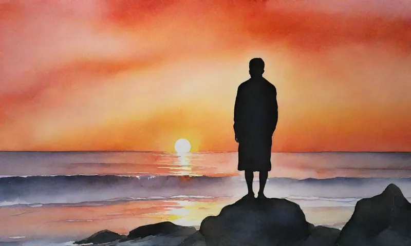Una figura solitaria se encuentra en una orilla rocosa, silueta contra el ardiente amanecer, una mirada tranquila hacia el vasto océano en su dirección.