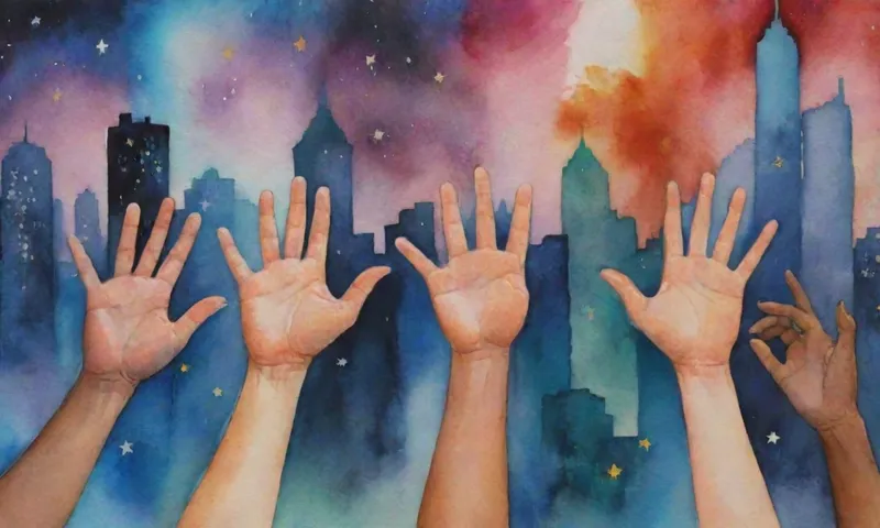 Un grupo diverso de manos entrelazadas, sus caras hacia arriba, con estrellas formando una constelación en medio del telón de fondo de los horizontes urbanos borrosos.