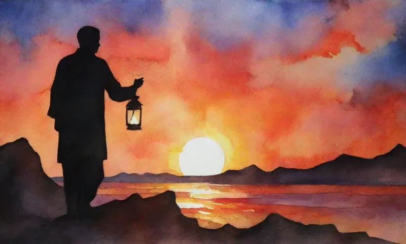 Una figura solitaria silueta contra una puesta de sol ardiente, agarrando una linterna entre restos fragmentados y destrozados de un mundo viejo.