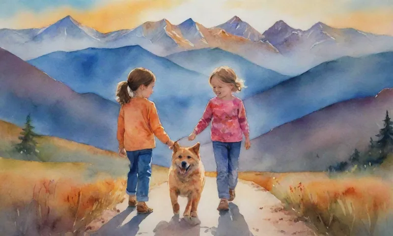 Dos niños, vestidos de ropa casual, sonríen entre sí a través del juego compartido con un compañero canino en un fondo de montañas adornadas con sol nocturno.