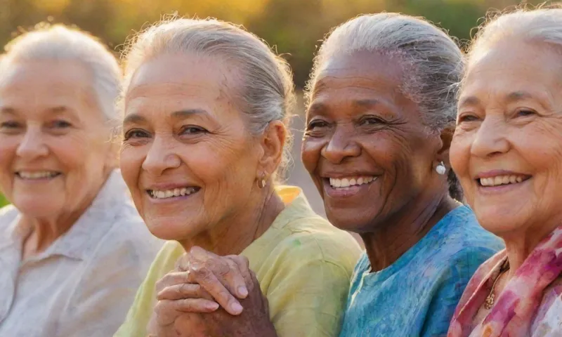Un retrato de cerca de un grupo diverso de ancianos sonriendo cálidamente, las manos enlazadas, mirando con confianza a la distancia, con el sol sentado detrás de ellos.