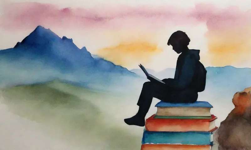 Una silueta estudiantil solitaria se sienta precariamente encima de una pila montañosa de libros de texto, su mirada pensiva aparentemente fijada en un horizonte abstracto y etéreo más allá.