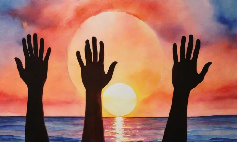 Un círculo de manos levantadas, formando una silueta humana abstracta contra un cielo vibrante de puesta del sol, su reflejo refractando a través de aguas tranquilas, sugiriendo interconexión y resiliencia.