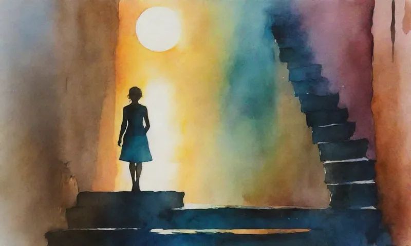 Una silueta de una persona parada sobre una escalera desmoronada, con rayos de sol detrás de ellos, mirando a un paisaje urbano lejano reflejado en un estanque de agua de lluvia.