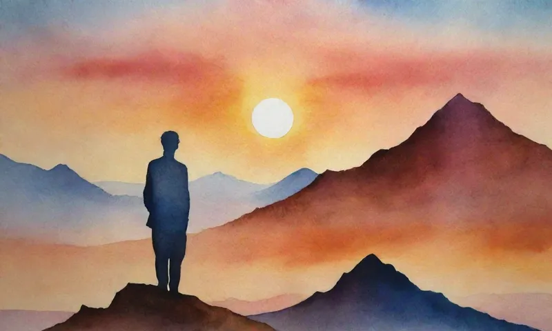 Una figura solitaria se encuentra sobre una cordillera minimalista durante el atardecer, la luz del sol arrojando largas sombras que reflejan su rostro.