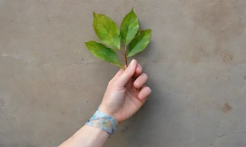 Una mano envuelta en vendajes alcanzando hacia arriba mientras las hojas brotan de hormigón rajado.