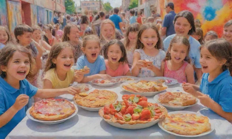 Un primer plano de rostros alegres en una reunión comunitaria en una mesa llena de comida recién horneada, rodeada de niños comprometidos en una actividad, en medio de un escenario de vibrantes murales callejeros que representan la resistencia histórica.
