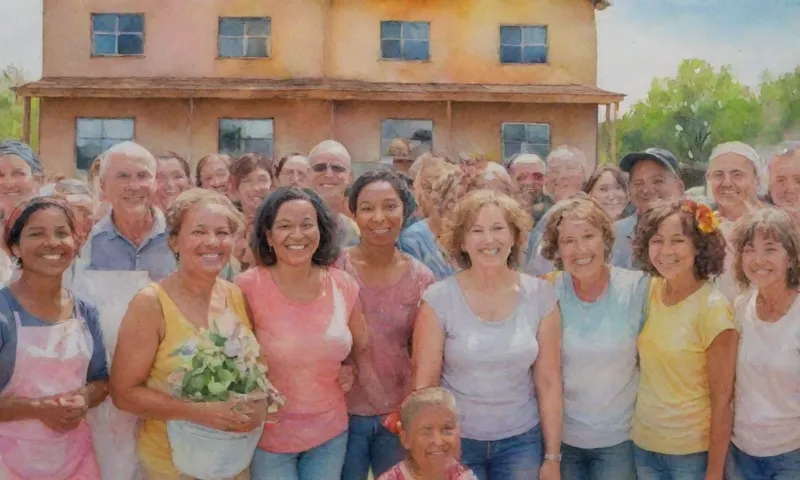 Caras sonrientes de diversos miembros de la comunidad se reúnen para una celebración compartida alrededor de un edificio inacabado en construcción
