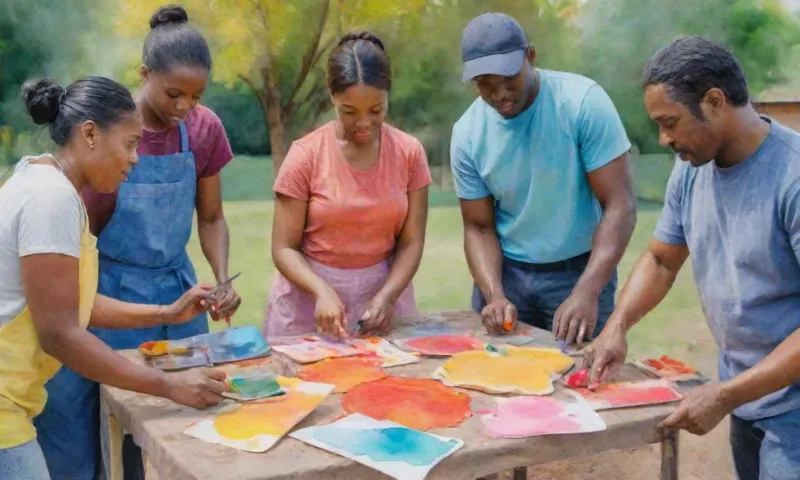 Un grupo de personas de diferentes orígenes trabajando juntos en un proyecto comunitario utilizando herramientas como pinceles de pintura, martillos y mangueras en un entorno al aire libre vibrante.