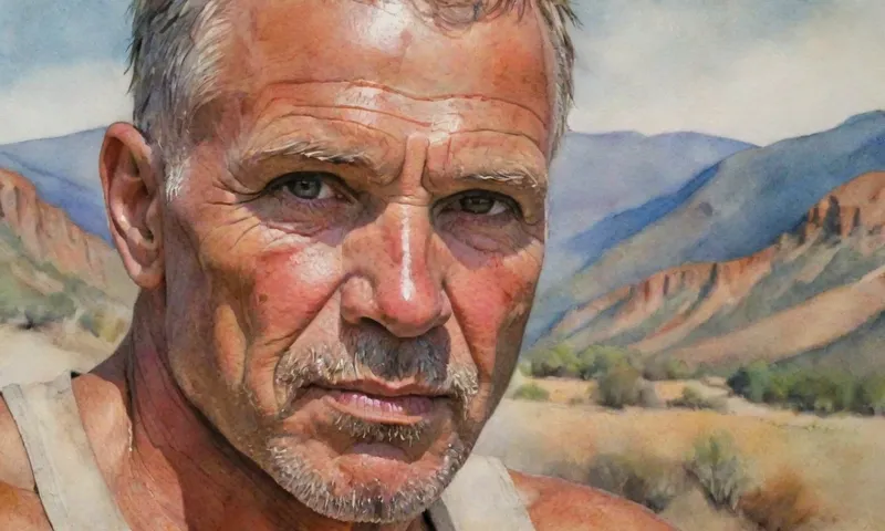 Un hombre de gran alcance se enfrenta, ligeramente climatizado, determinación grabada a través de sus características, ojos llenos de fuerza y un brillo de esperanza en medio de un telón de fondo de paisajes resilientes, su mano izquierda levantó alto.