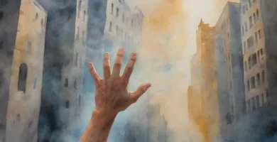 Una mano que se extiende por debajo de un panel de cristal destrozado