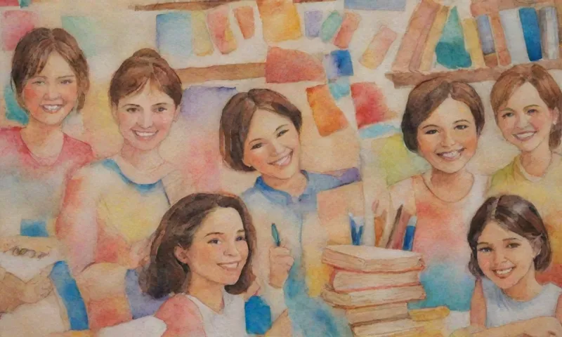 Un mosaico de caras sonrientes de diversos orígenes compartiendo una mesa rodeada de libros y herramientas
