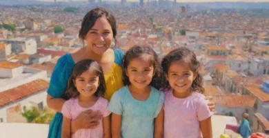 Una familia de raza mixta se reúne en una azotea iluminada por el sol durante una celebración tradicional en la Ciudad de México
