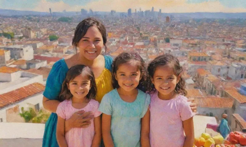 Una familia de raza mixta se reúne en una azotea iluminada por el sol durante una celebración tradicional en la Ciudad de México