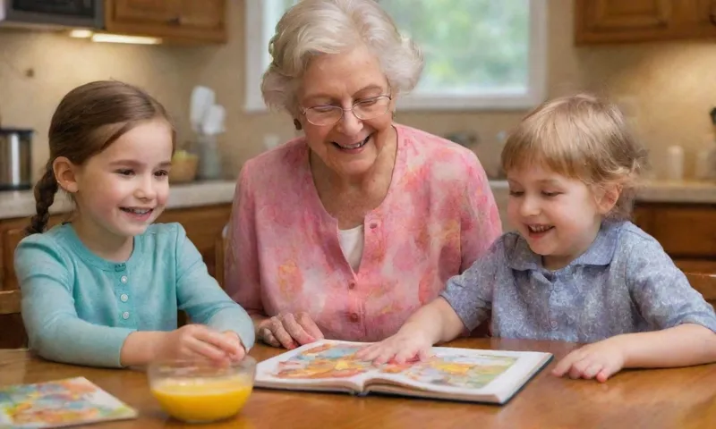 Una cara de niños brillantemente vestidos iluminada por alegría y calidez alrededor de una mesa de cocina caliente, junto a su abuelito sonriente sosteniendo un libro como leen, creando conexiones a través de la unión familiar.