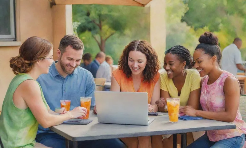 Un grupo diverso de empleados se abraza alrededor de una mesa compartida, utilizando portátiles y dispositivos móviles para el trabajo, mientras se ríe y disfruta de refrescos en un patio soleado.
