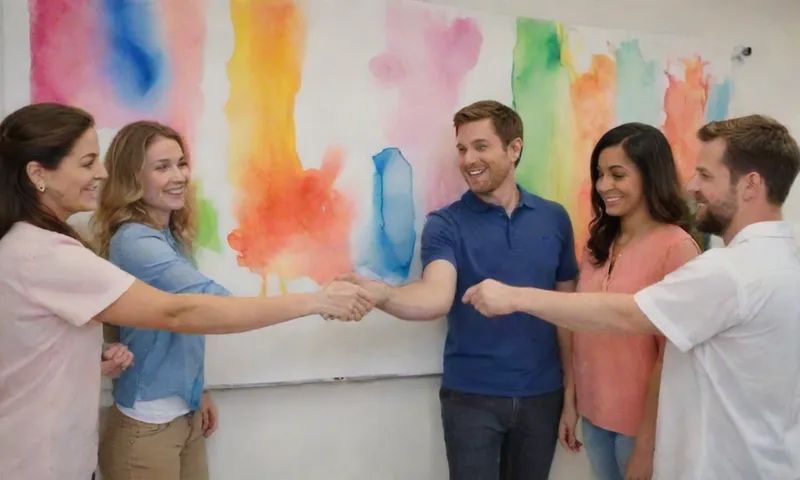 Un apretón de manos entre un grupo diverso de empleados sonrientes trabajando en colaboración alrededor de una pizarra con marcadores que muestran indicadores de progreso en colores vibrantes mostrados en medio de un entorno de oficina bullicioso en el fondo.