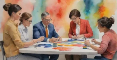 Un grupo diverso de individuos colaboran en torno a un lugar de trabajo modelo