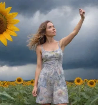 Una mujer joven se encuentra desafiantemente en un telón de fondo de nubes de tormentas giratorias