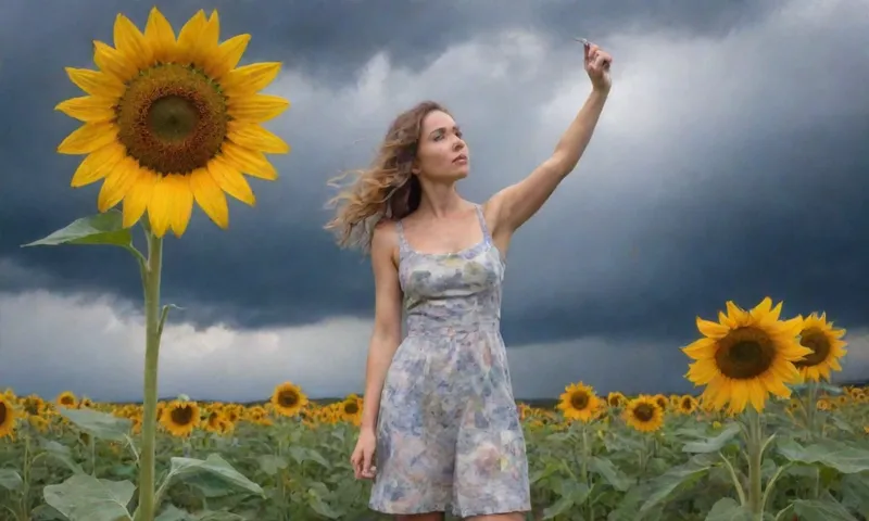 Una mujer joven se encuentra desafiantemente en un telón de fondo de nubes de tormentas giratorias