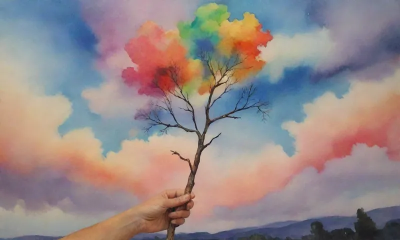 Una mano que sostiene una rama de árbol pequeña pero fuerte se extiende hacia un cielo lleno de formaciones coloridas de nubes después de una tormenta.