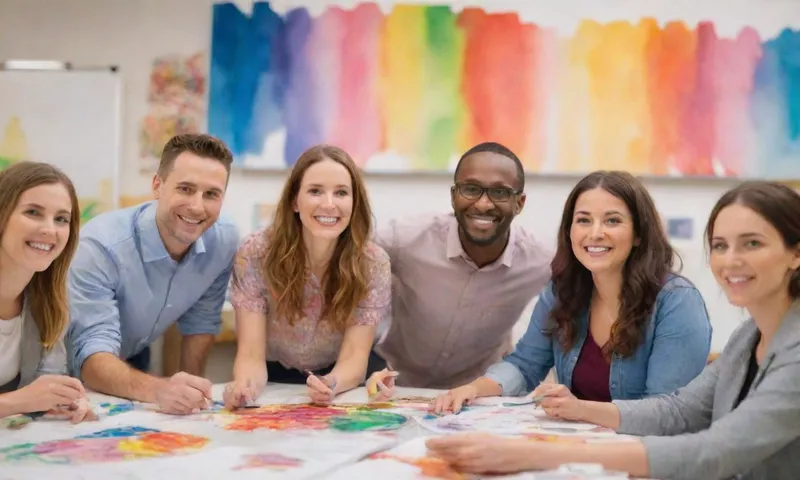 Un grupo diverso de empleados sonrientes colaboran alegremente alrededor de una pizarra abierta, en medio de un fondo de pósters y herramientas coloridos y motivacionales.