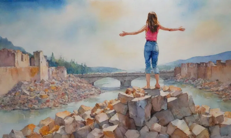 Una joven se para sobre una pila de escombros, las manos apretadas, mirando con firmeza hacia un puente recién construido sobre el agua corriente.