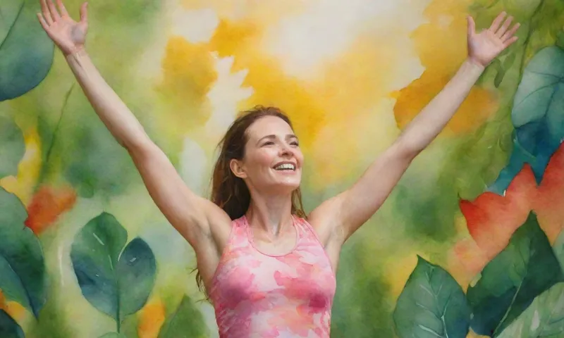 Una mujer sonriente en el desgaste atlético se eleva, sus brazos levantados, en el vibrante escenario de plantas sanas y el sol filtrando a través de hojas, simbolizando la resiliencia y el bienestar físico entrelazado.