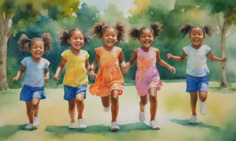 Un grupo de niños diversos se ríen mientras juegan libremente al aire libre en un parque rodeado de exuberante vegetación y eventos comunitarios bajo cielos soleados y colores vibrantes.